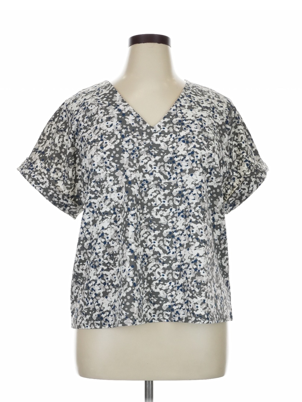 MELLODAY V-Neck Short Sleeve Printed Top - Gray, White, Blue